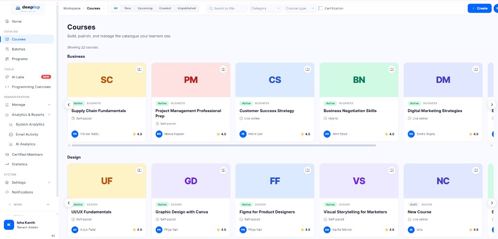 deepLXP course catalogue and authoring